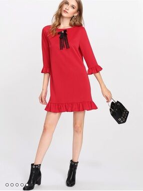 SHEIN Red Ruffle-Hem Mini Dress with Black Bow